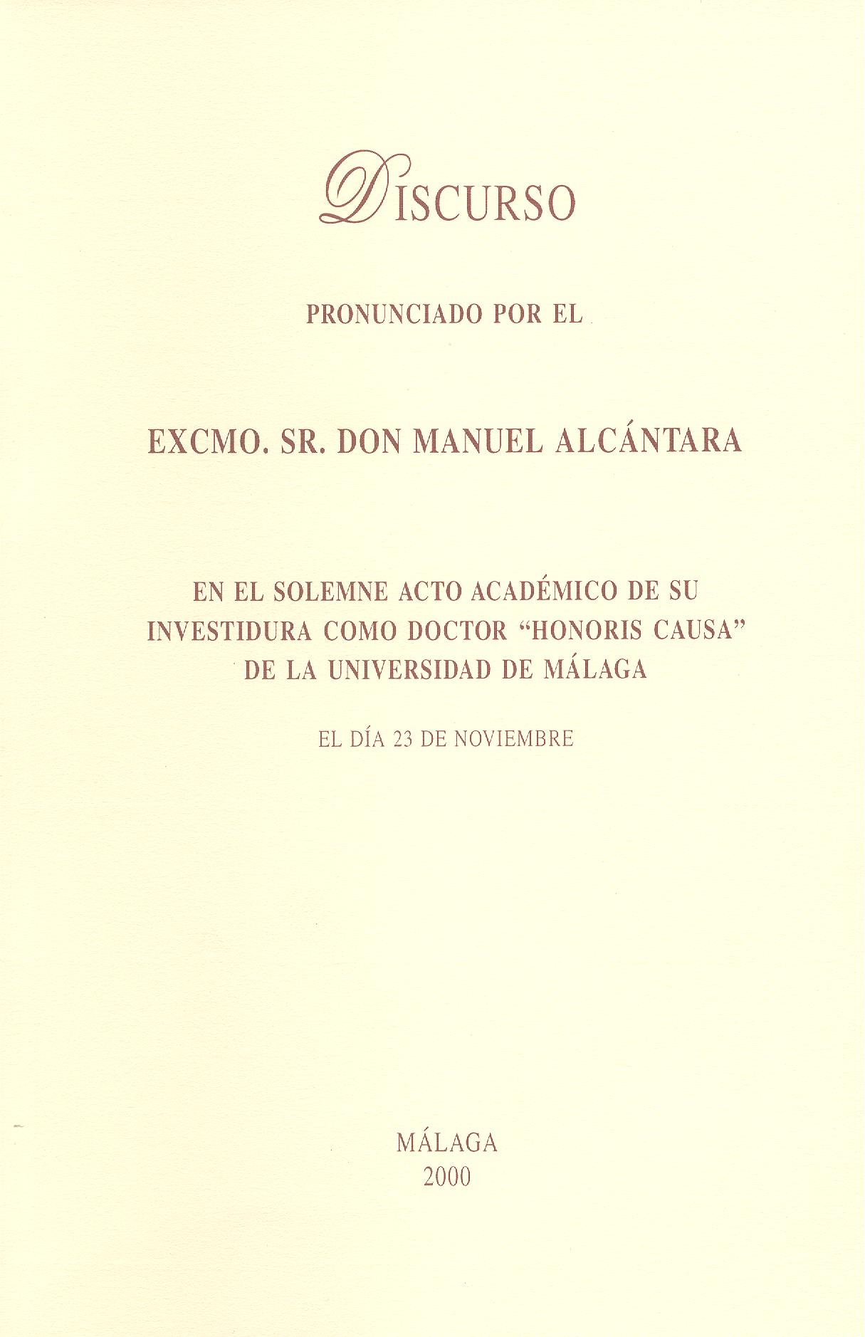 Discurso pronunciado por el Excmo. Sr. Don Manuel Alcántara