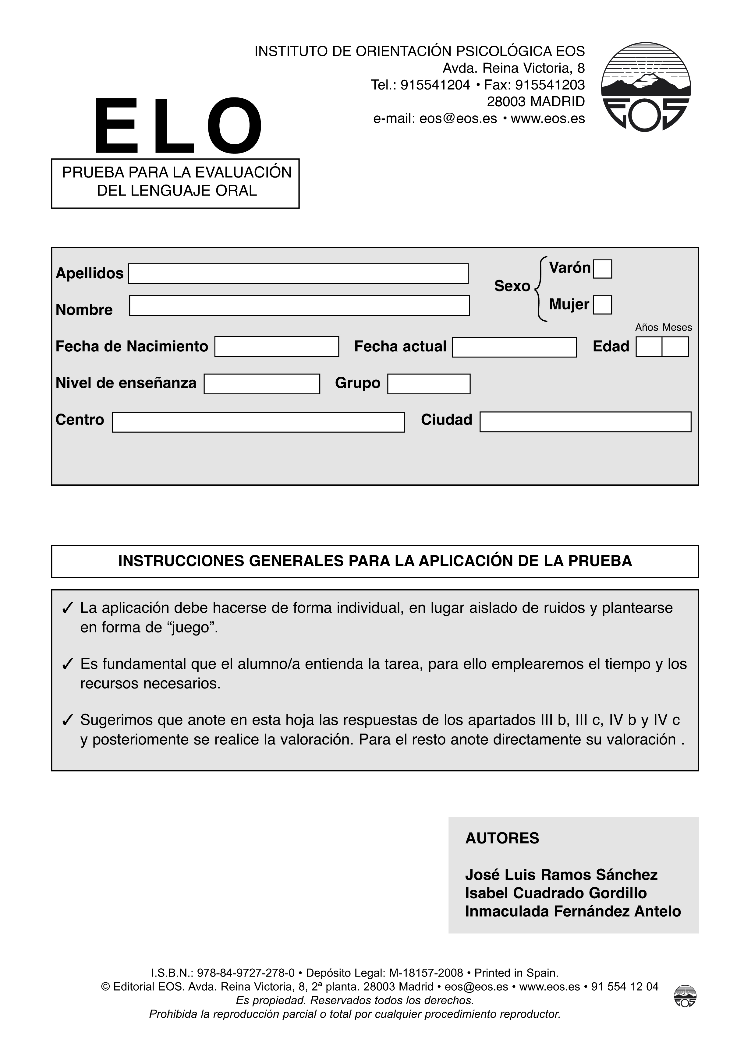 ELO Evaluación del lenguaje Oral (Hoja de Perfil)