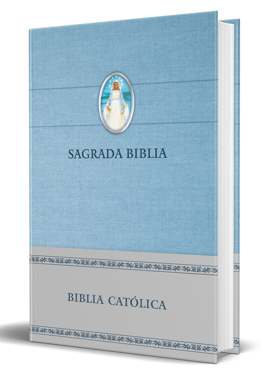 Biblia Católica en español: tapa dura azul con Virgen Milagrosa en la cubierta