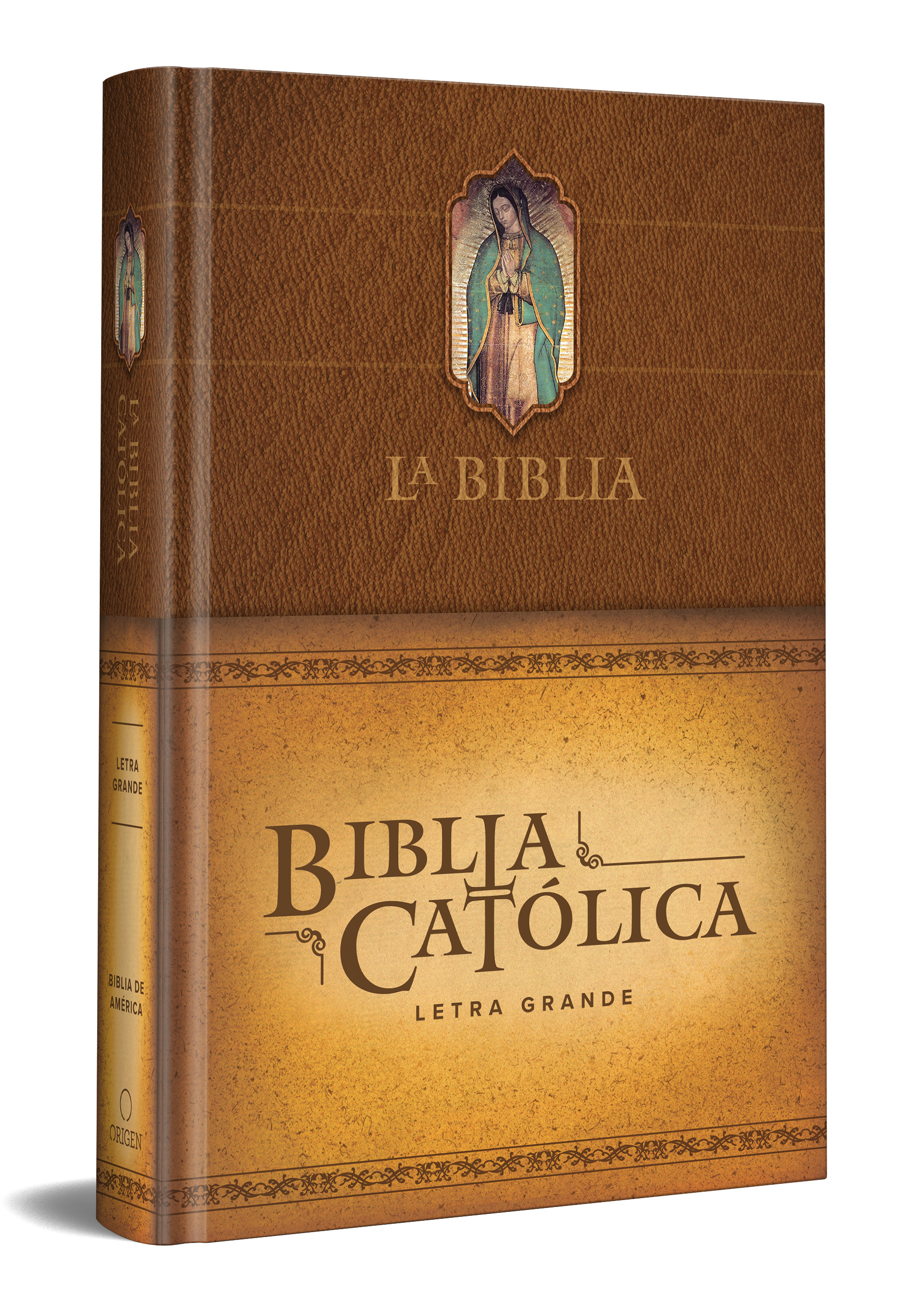 La Biblia Católica: Edición letra grande. Tapa dura, marrón con Virgen de Guadalupe en cubierta