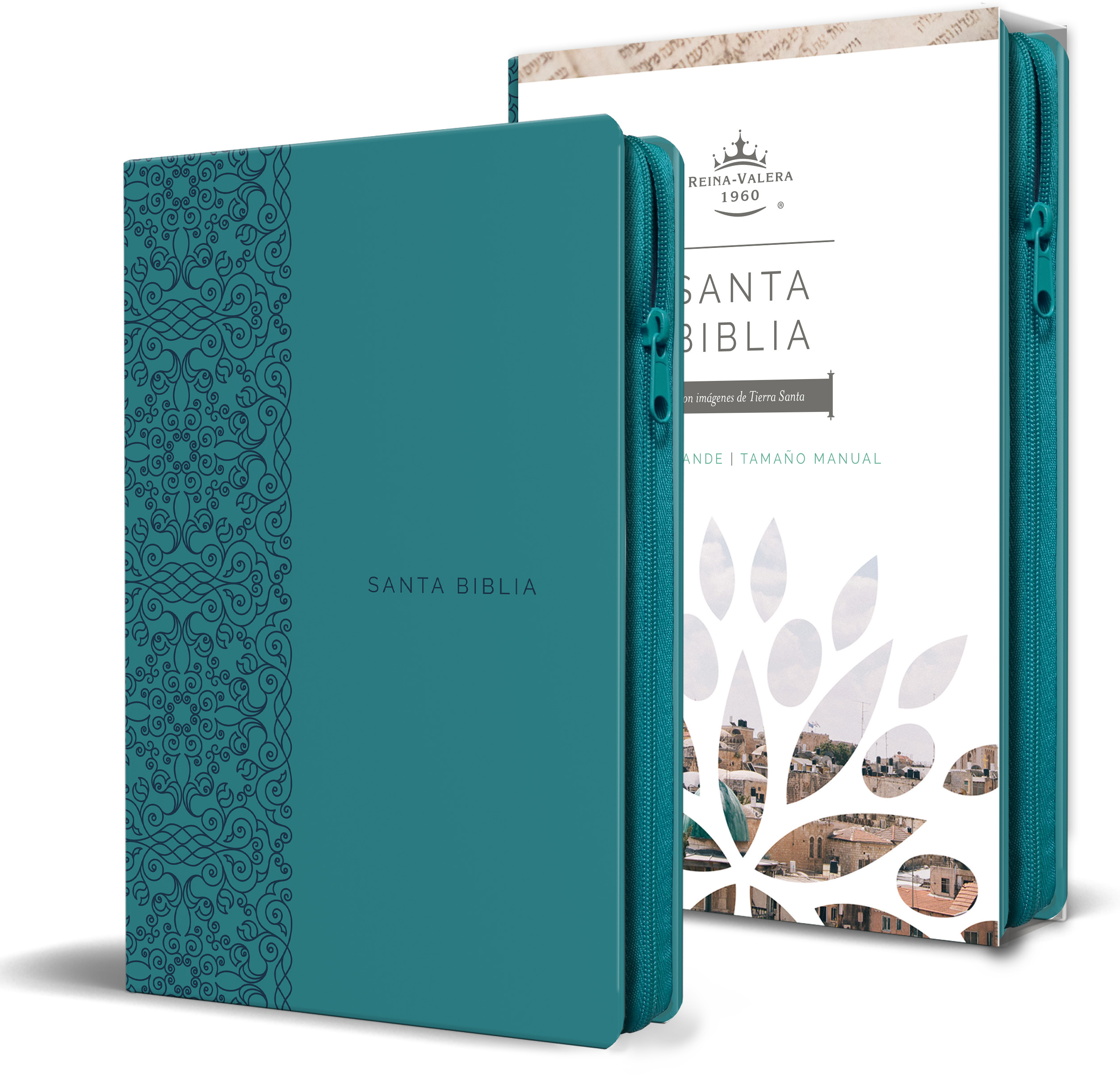 Biblia Reina Valera 1960 letra grande. Símil piel aguamarina, cremallera, tamaño manual