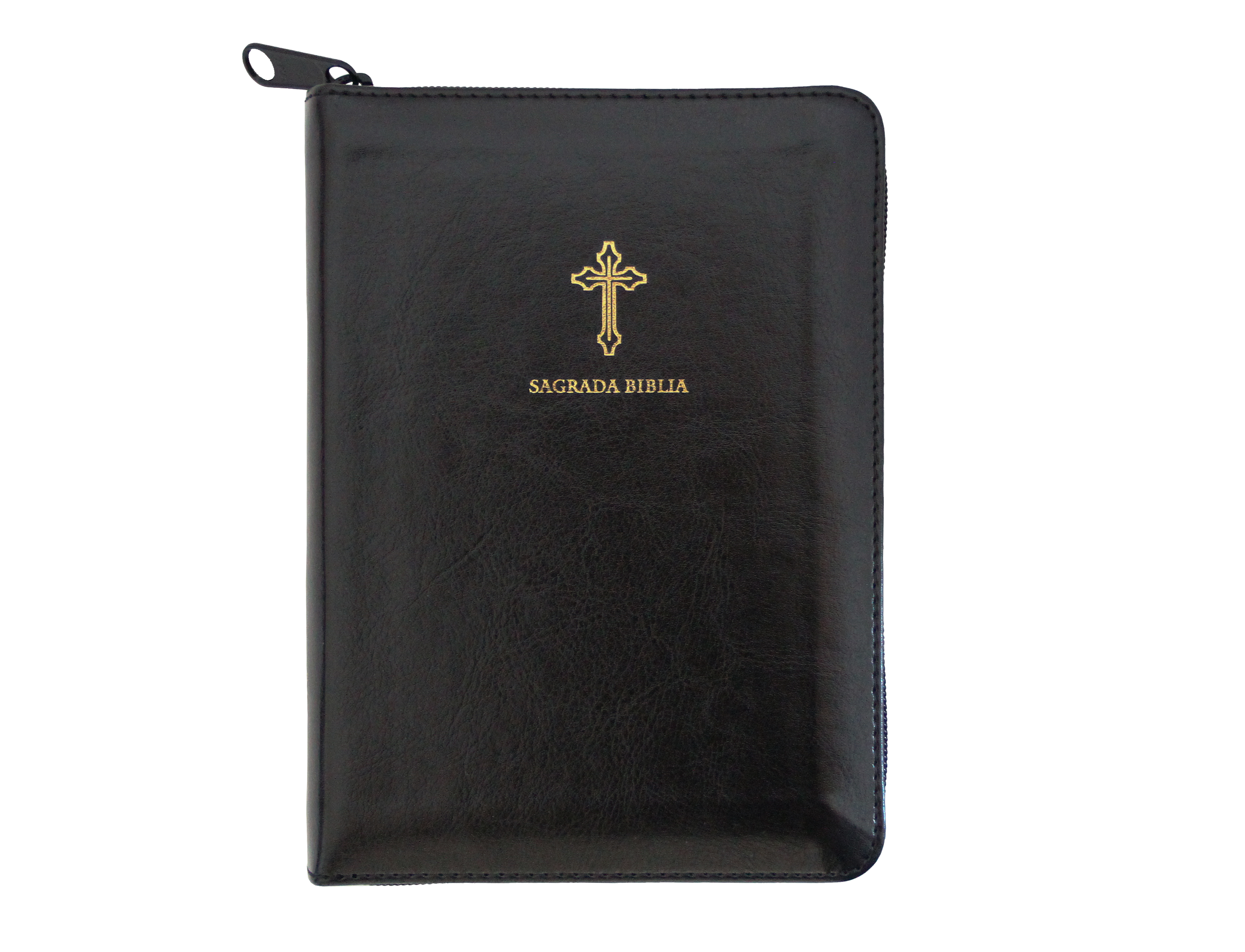 Biblia Católica en español. Símil piel negro, con cremallera, tamaño compacto