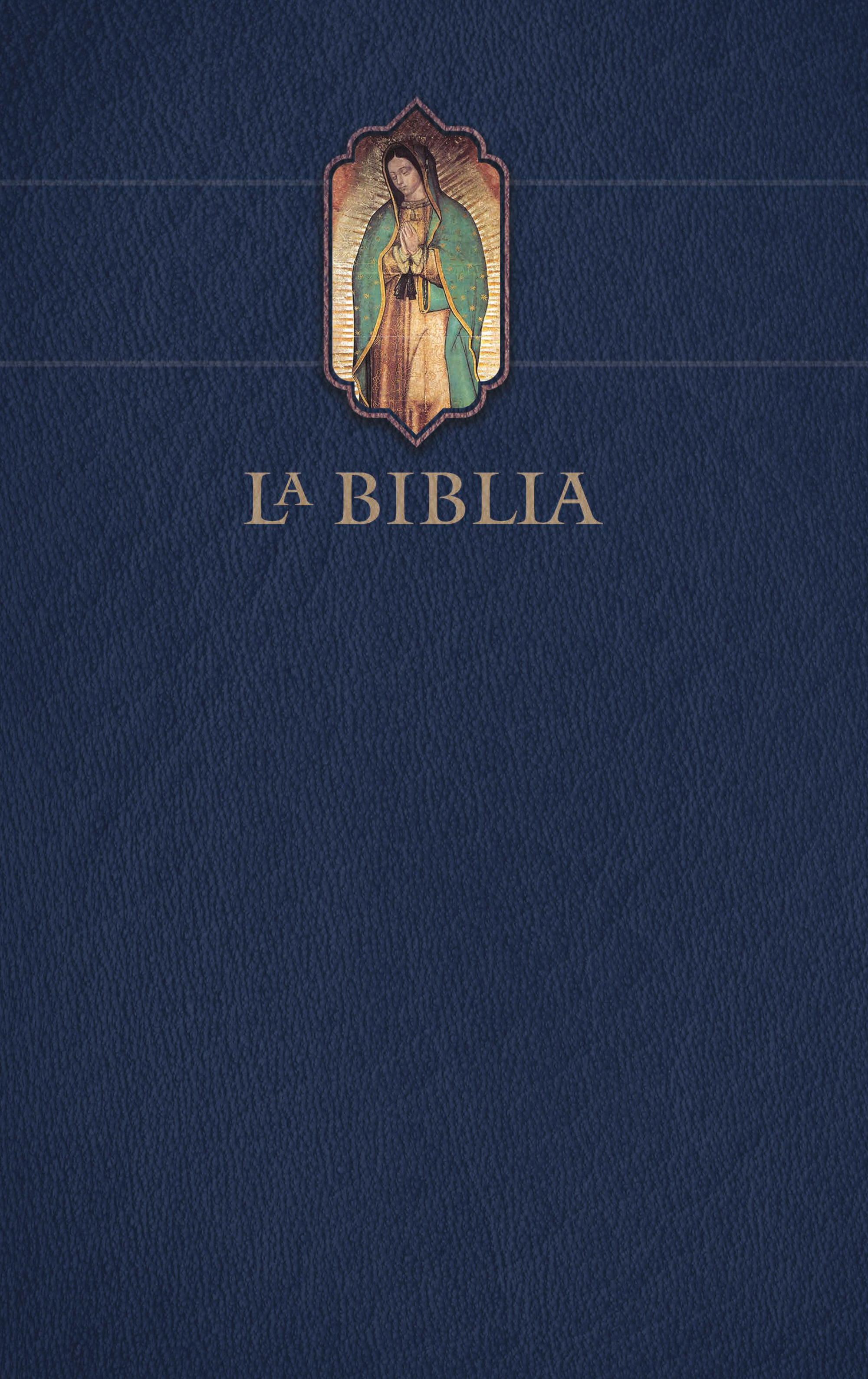 Biblia Católica letra grande, tapa dura Azul con la Virgen de Guadalupe