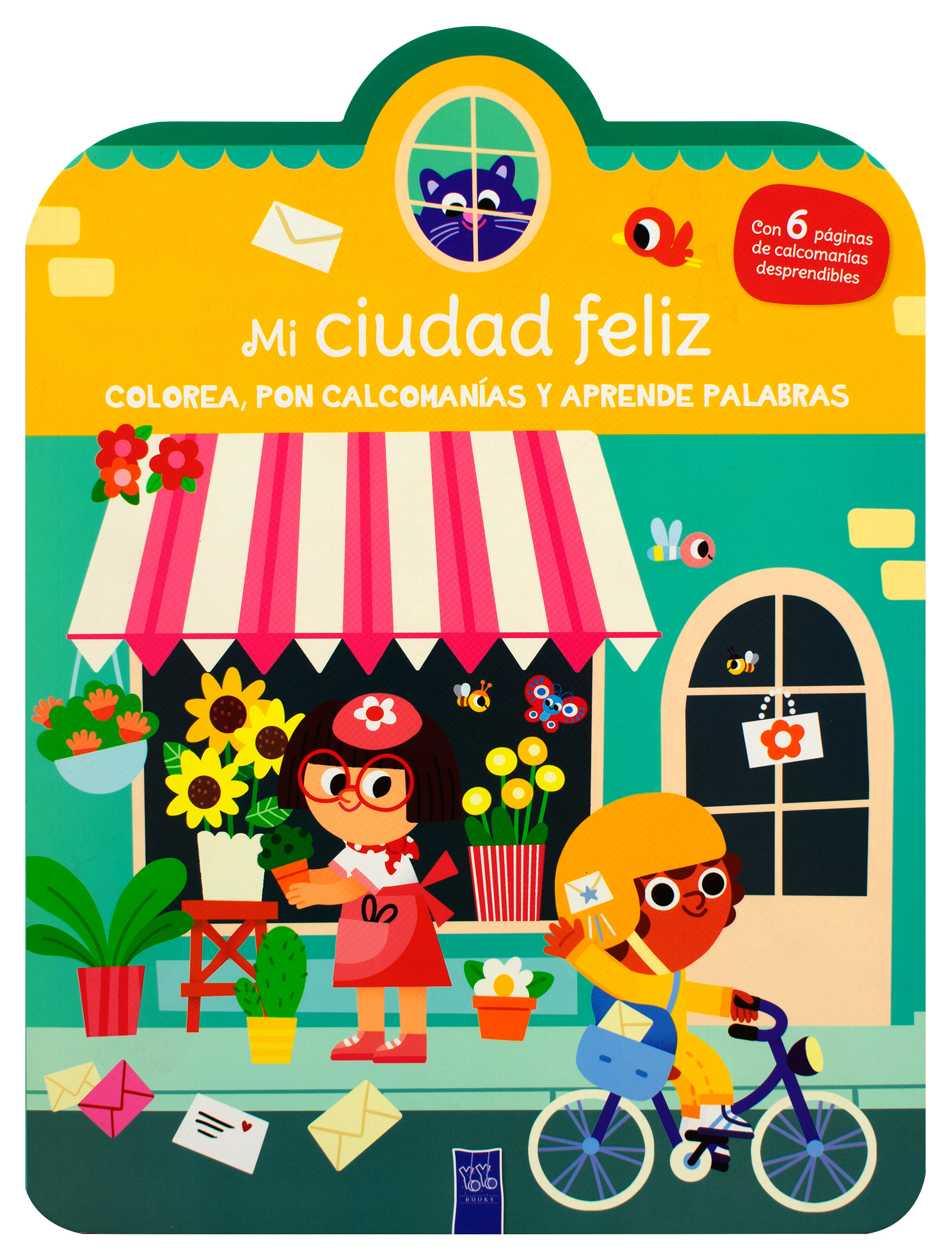 Libro para colorear: Colorea, pon calcomanías y aprende palabras: Mi ciudad feliz