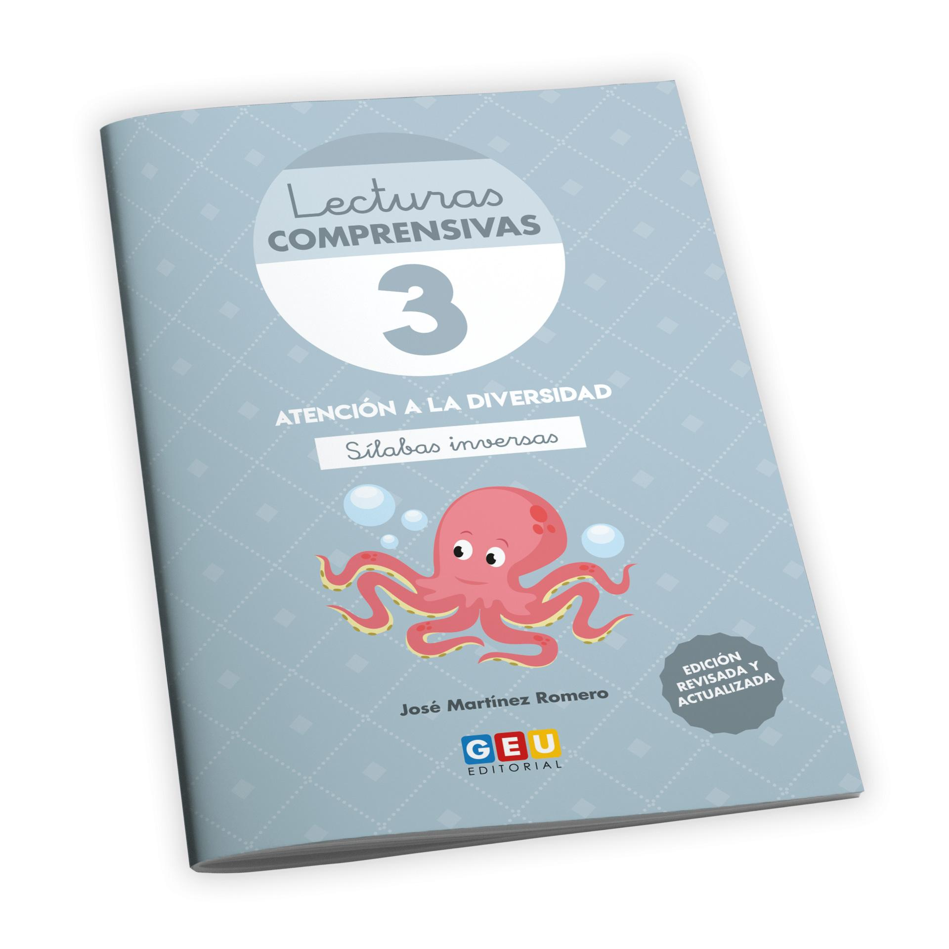 Lecturas comprensivas 3.  Cuaderno de refuerzo escolar I Educación infantil I Ejercicios de comprensión lectora. Leo sílabas inversas. Pauta cuadrícula I Editorial GEU.