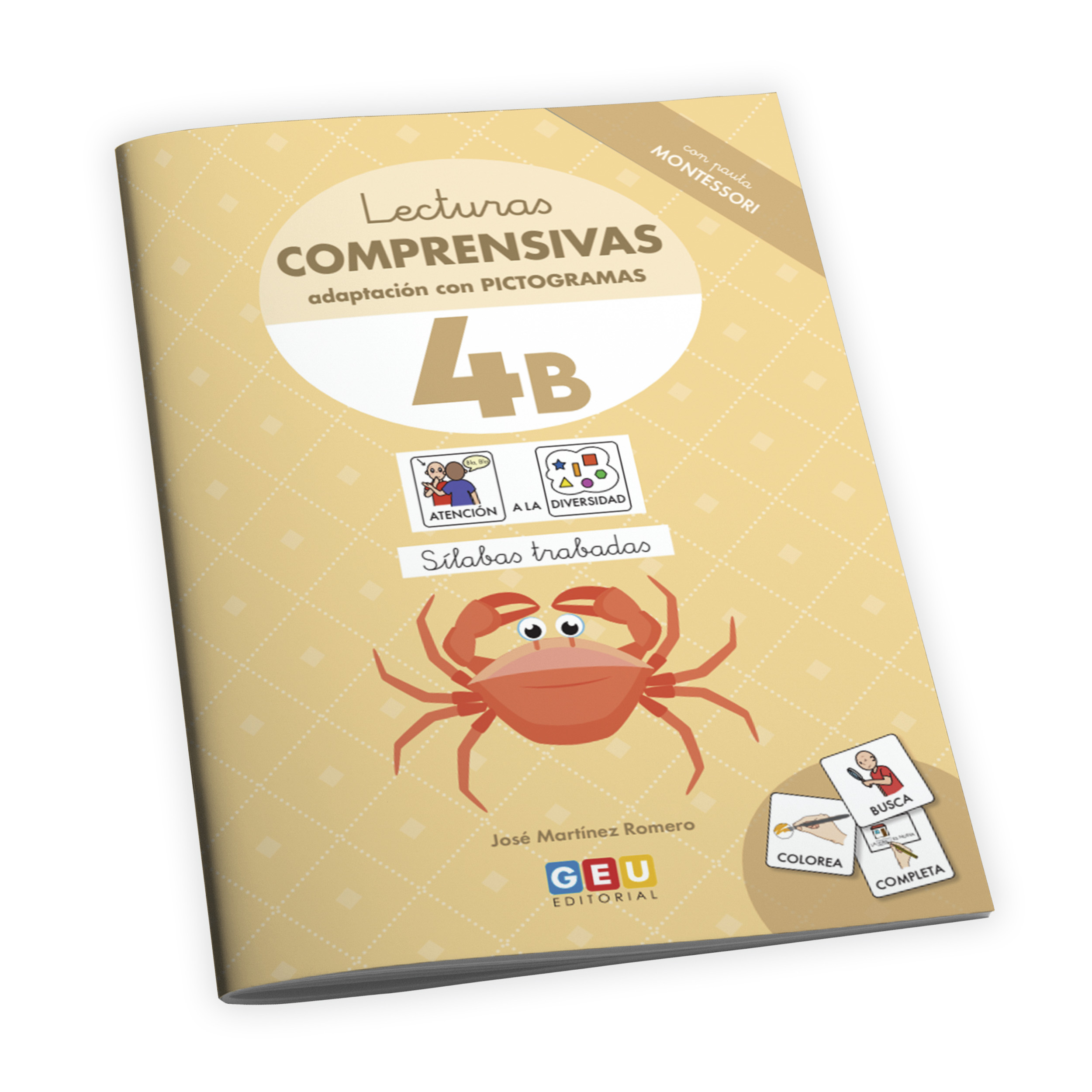 Lecturas comprensivas 4B. Cuaderno de refuerzo escolar I 1º de primaria I Ejercicios de comprensión lectora. Leo sílabas trabadas. Adaptación con pictogramas I Editorial GEU.