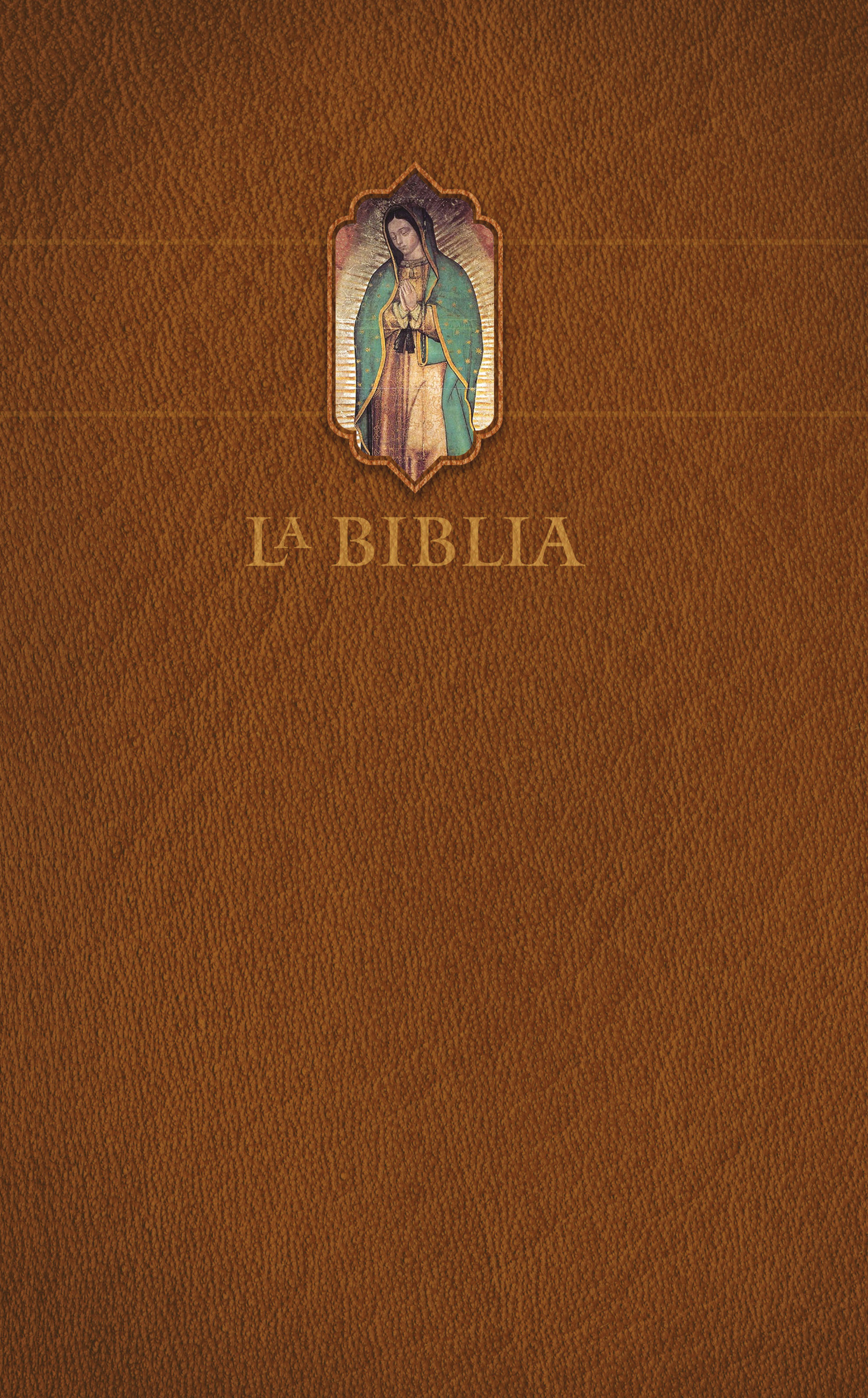 Biblia Católica letra grande, tapa dura marrón con la Virgen de Guadalupe con indice