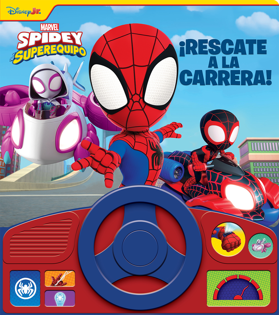 DISNEY JR. MARVEL - SPIDEY Y SU SUPEREQUIPO - RESCATE A LA CARRERA! LIBRO SONORO CON VOLANTE - LIBRO INTERACTIVO CON 13 BOTONES DE SONIDOS  - PI KIDS