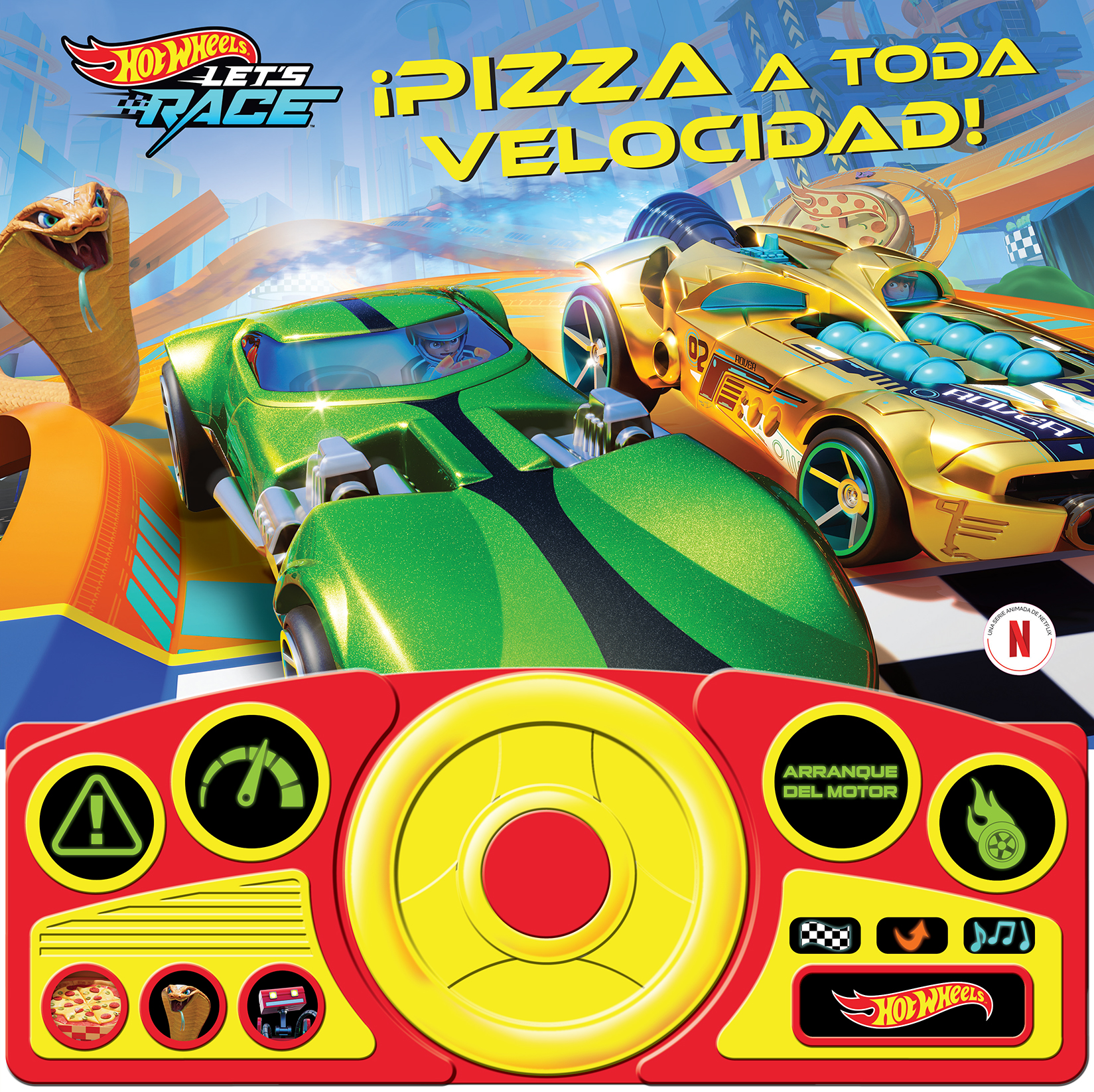 HOT WHEELS: LET'S RACE - ¡PIZZA A TODA VELOCIDAD! LIBRO SONORO CON VOLANTE - LIBRO INTERACTIVO CON 13 BOTONES DE SONIDOS  - PI KIDS
